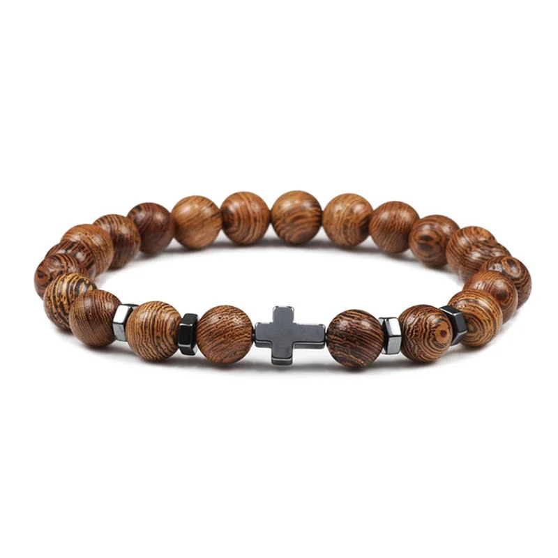 Christmas Gift 6mm 8mm Women Men Prayer Beaded Bracelet Hot Hematite Cross Natural Wood Beads Lava Stone Onyx Meditation Bracelets Yoga Jewelry