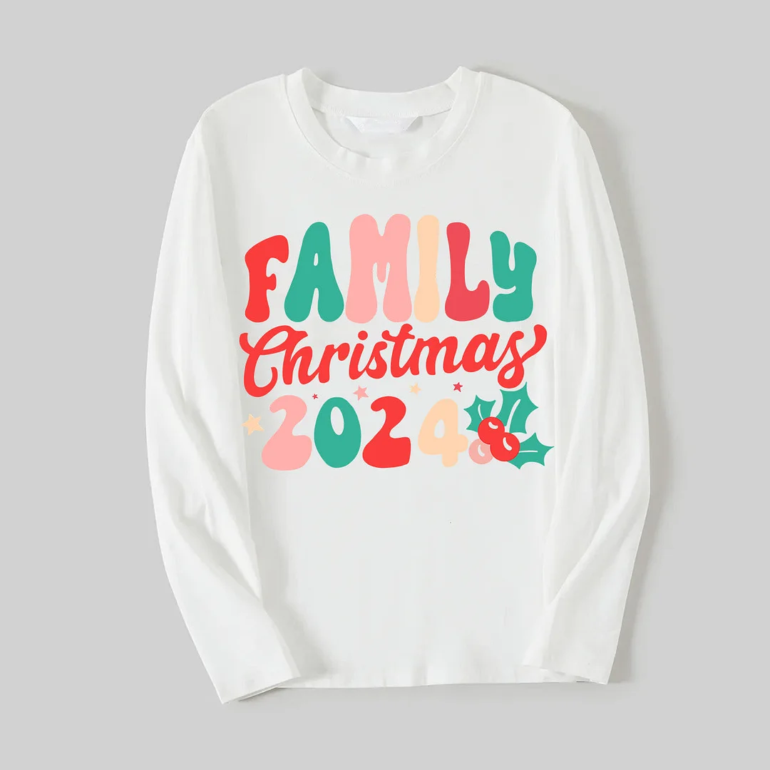 "Family Christmas 2024" Colorful Letter Pattern White Long Sleeve with White&Red&Green Plaid Pants Family Matching Pajamas