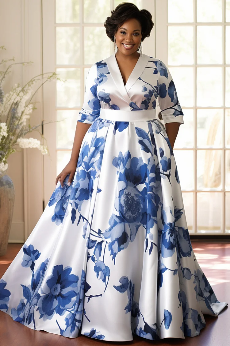 Xpluswear Design Plus Size Formal Blue Floral Turndown Collar Half Sleeve Pocket Satin Maxi Dresses [Pre-Order] 2024 - Xpluswear