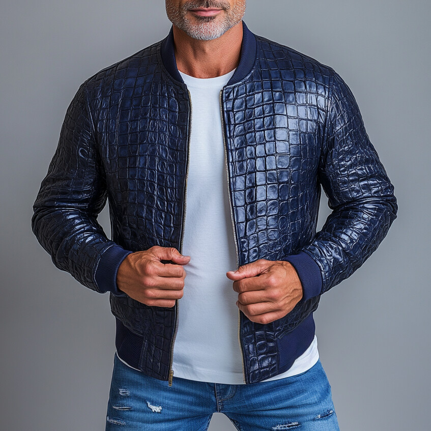 Men's PU Leather Alligator Pattern Zip Up Bomber Jacket