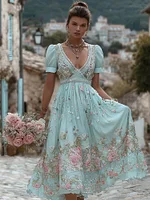 Women's Vintage Floral Embroidery Short Sleeve Dress