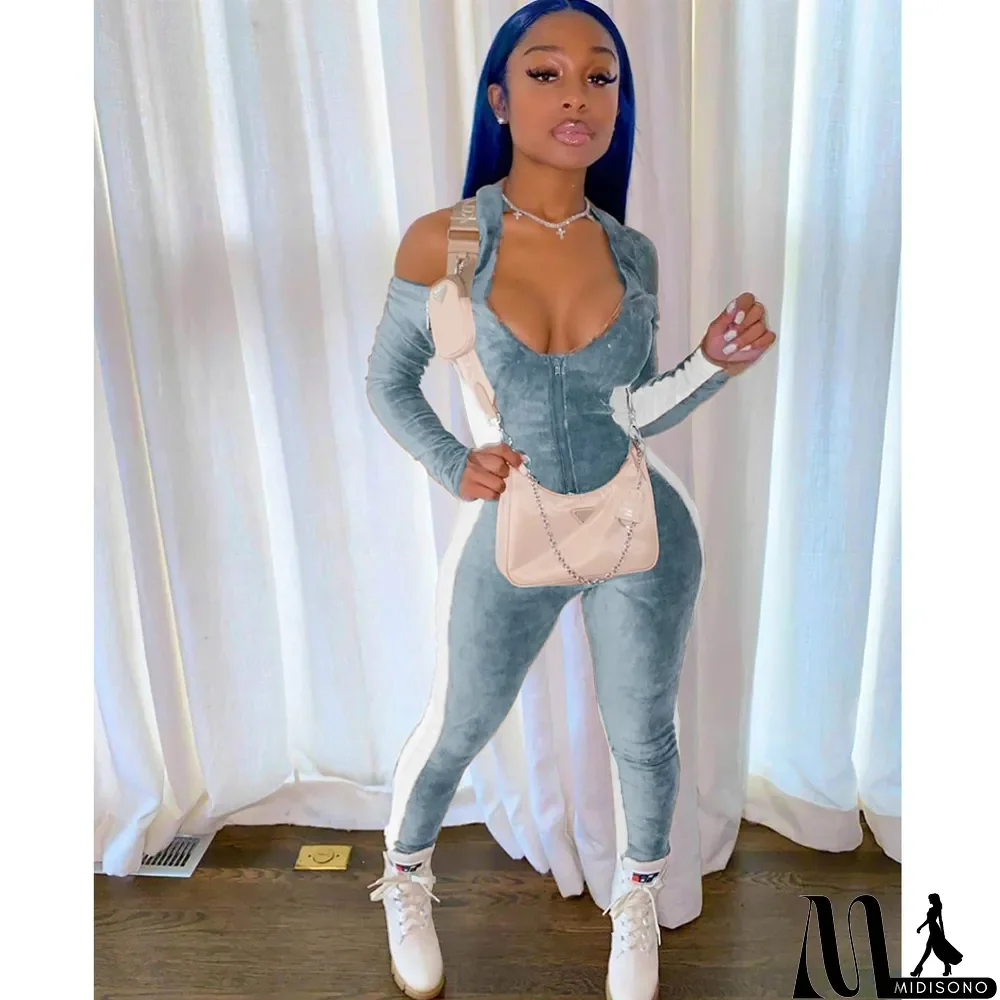 MidiSono - Flannelette Hanging Neck Backless Splice Zipper Jumpsuit