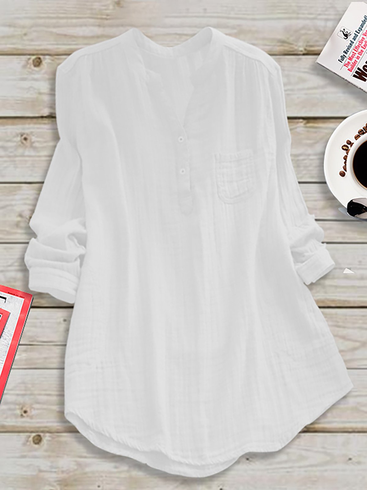 Casual Paneled Stand Collar Linen Plus Size Blouse