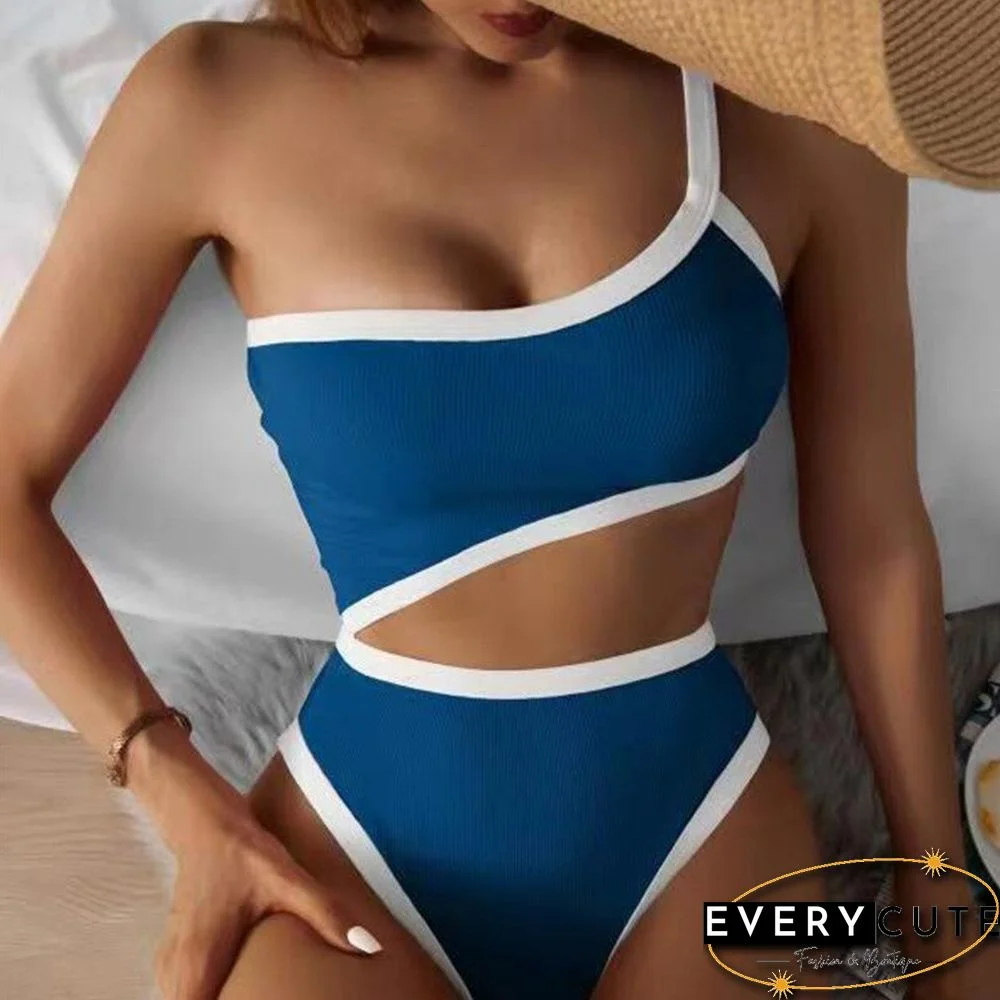 Fashion Summer Low Cut Push Up Beachwear One Piece Contrasting Colors One Shoulder Swimsuits Sexy Hollow Out Backless Bodysuits