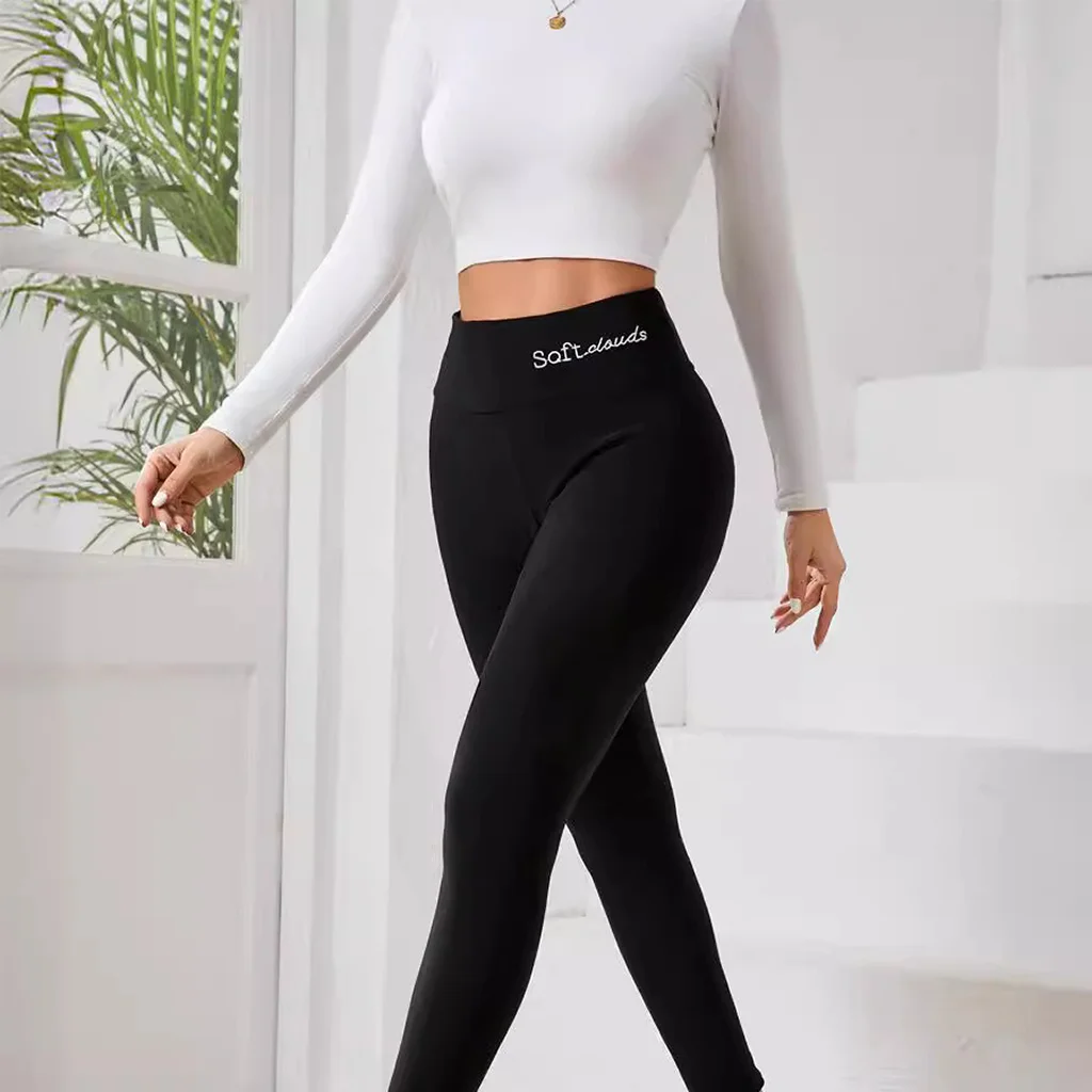 High-waisted Embroidered Logo Fleece Leggings Yoga Warm Pants