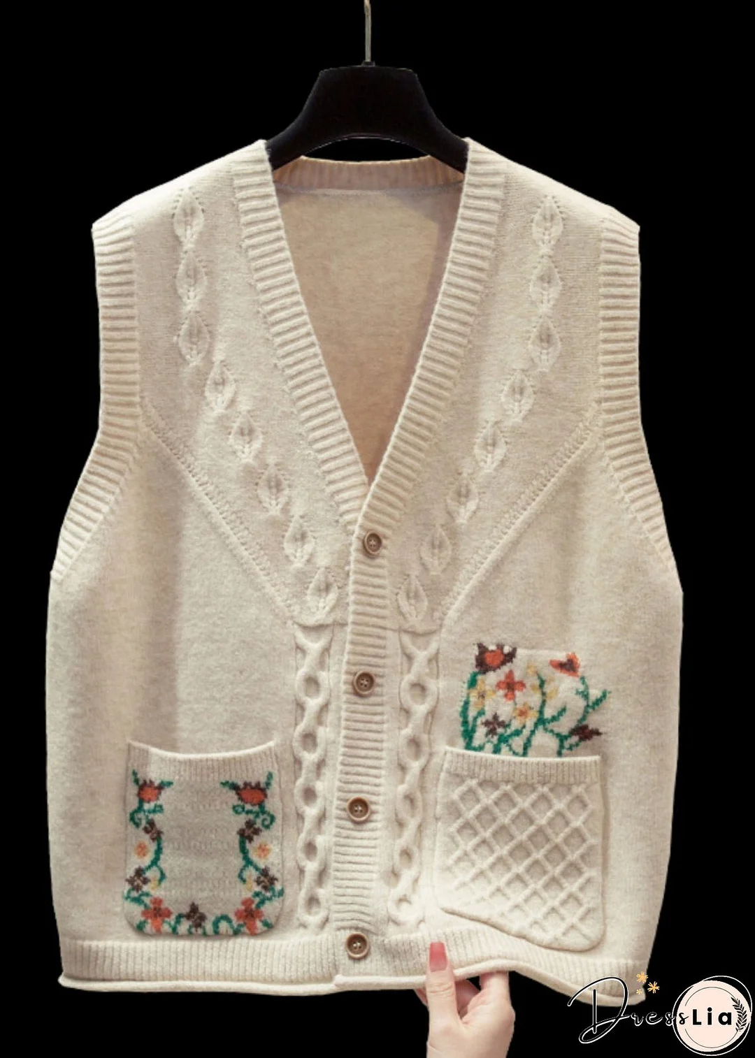 Natural Yellow V Neck Floral Cotton Knitted Waistcoat Fall