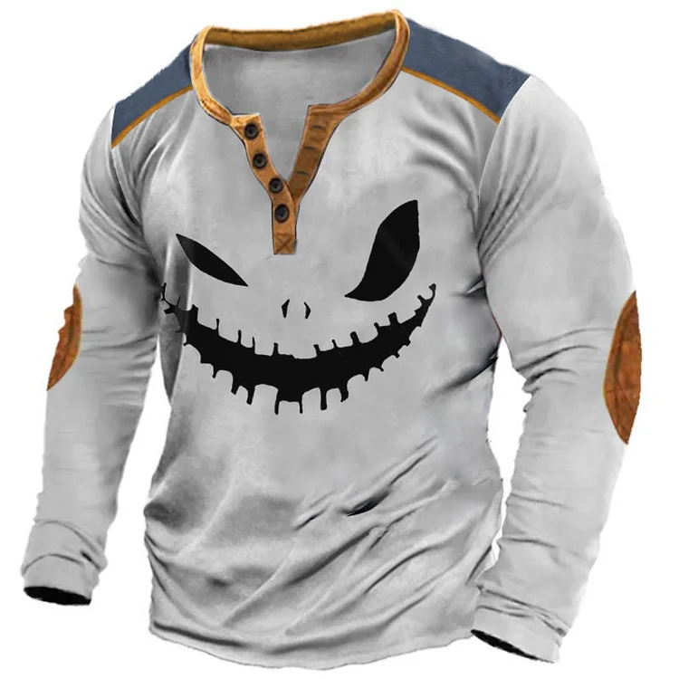 Men's Halloween Pumpkin Face Print Long Sleeve Henley Shirt