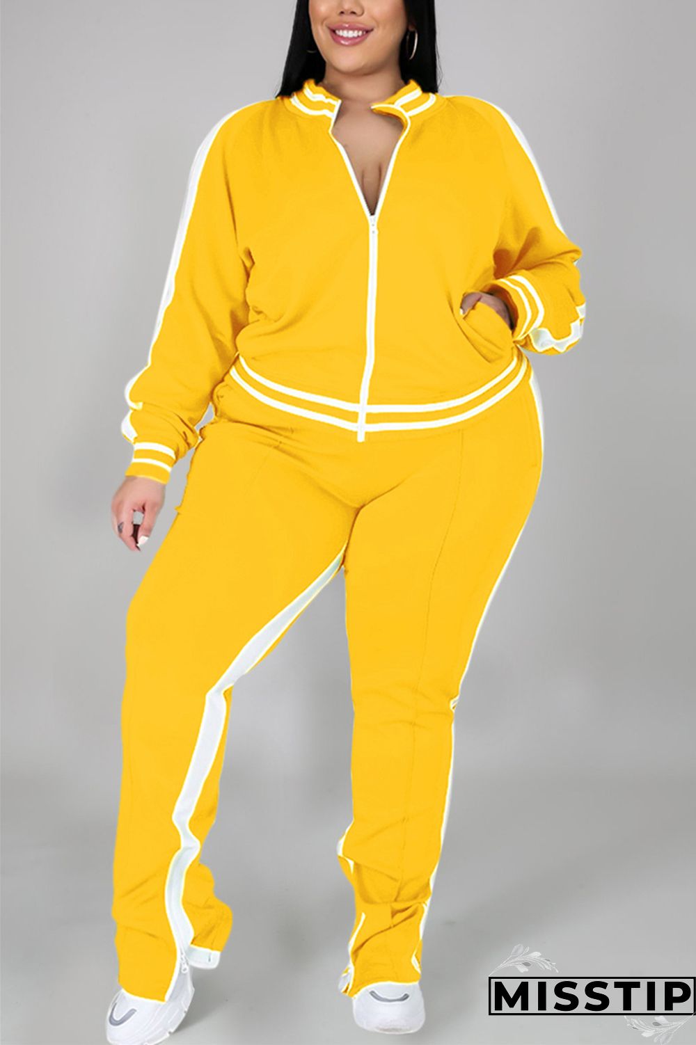 Black Fashion Casual Sportswear Zipper Collar Long Sleeve Regular Sleeve Patchwork Plus Size Set
