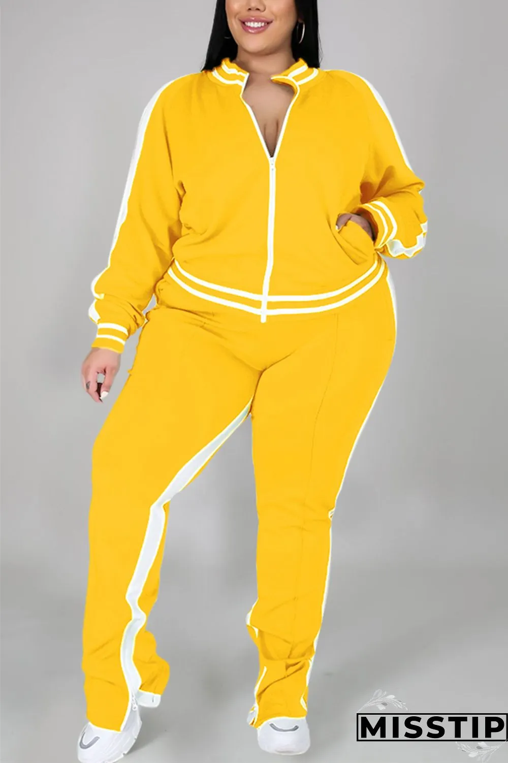 Black Fashion Casual Sportswear Zipper Collar Long Sleeve Regular Sleeve Patchwork Plus Size Set