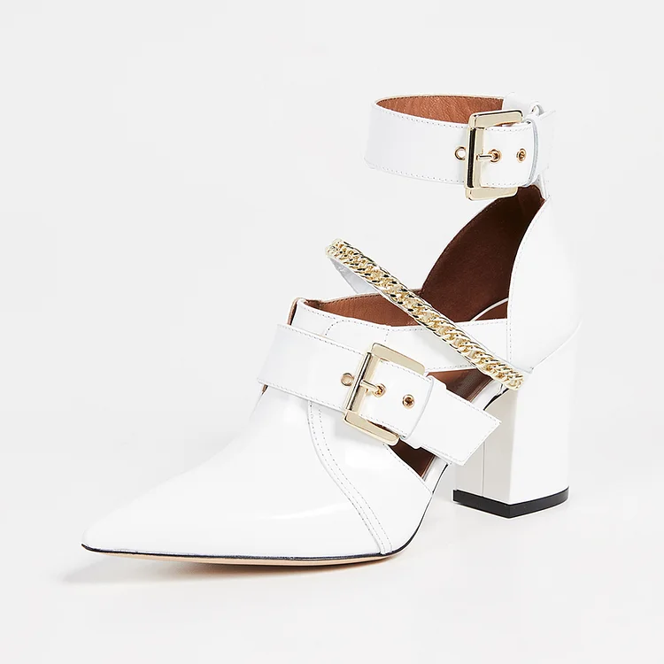 White Buckles Block Heels Ankle Strap Heels |FSJ Shoes