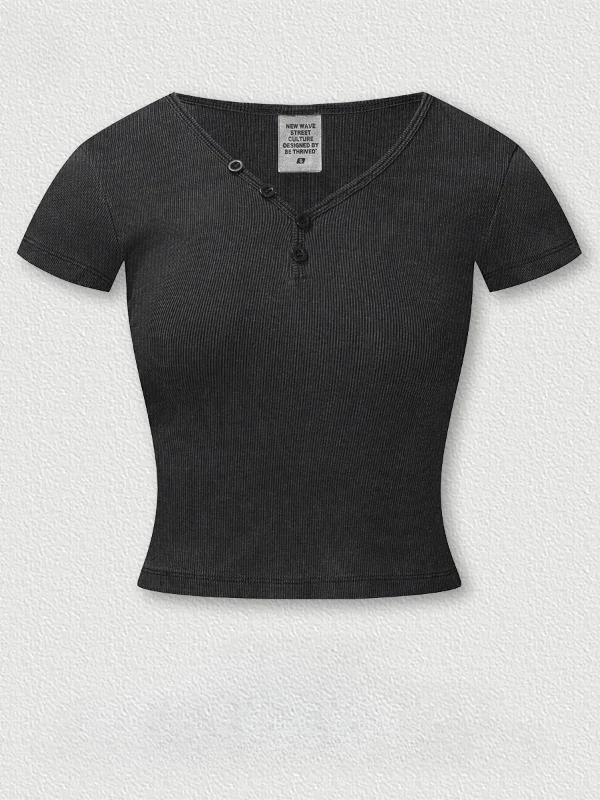 Retro Chic Button-Up Tee - Slim Fit V-Neck Crop Top
