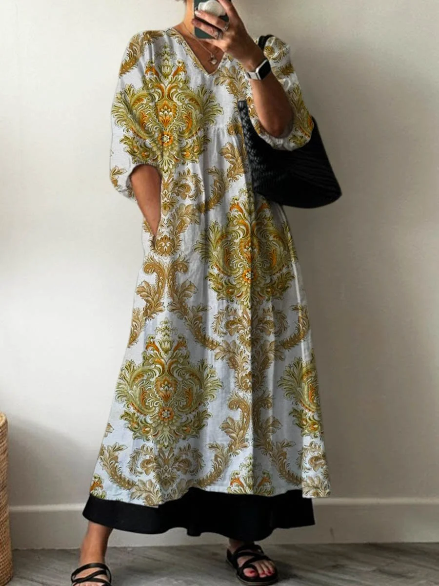 Women's Vintage Lovely Floral Art Print Pocket V-neck Cotton Dress