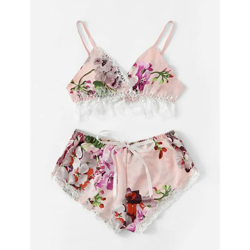 Womens Clothing Sexy Lingerie Floral Lace Bra Hot Pants Panty Underwear Nightwear Woman Sets Clothes Female Set Ladies Sleepwear