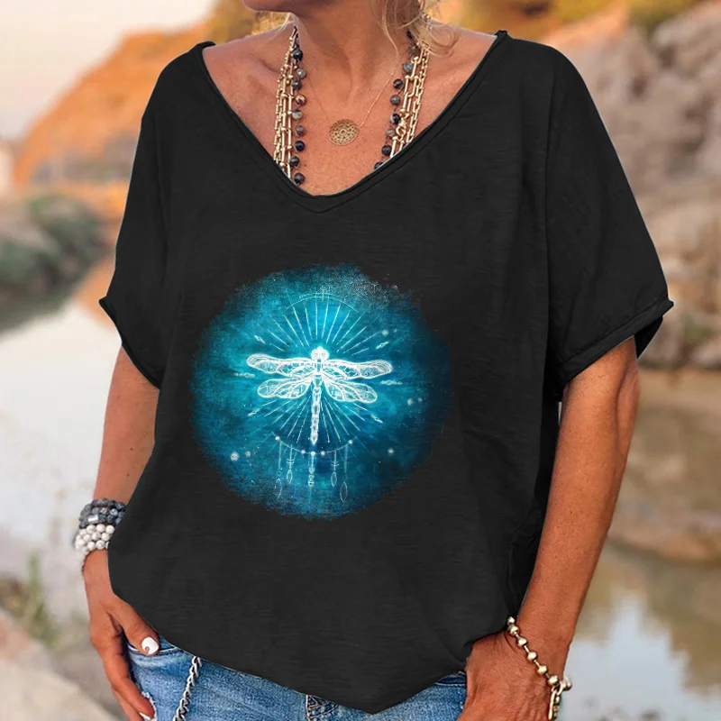 Dragonfly Printed V-neck Women's T-shirt