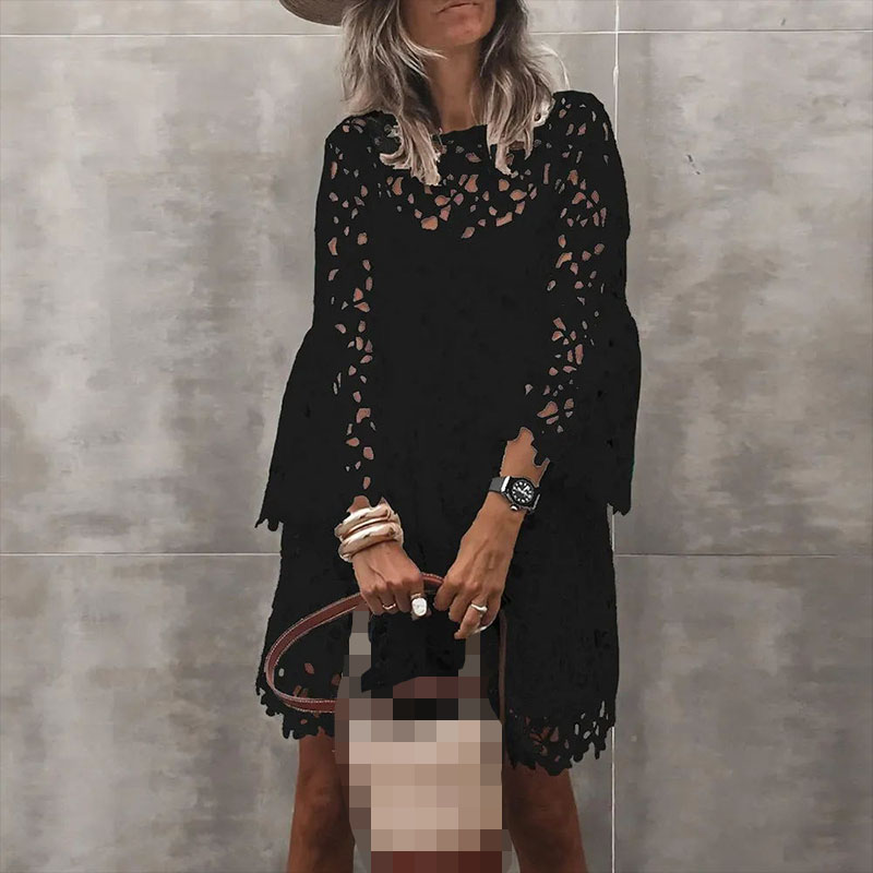 Kerwet Women's Autumn New Solid Color Dress Ethnic Style Sexy Lace Hollow Fashion Printed Casual Long Sleeve Knee Length Dress