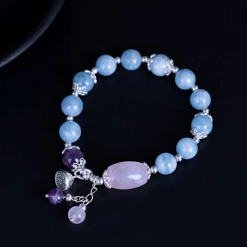 925 Sterling Silver Natural Aquamarine Amethyst Lotus Healing Charm Bracelet