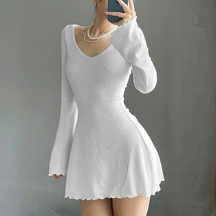 Sexy Solid Color V Neck Long Sleeve Knitted Dress  