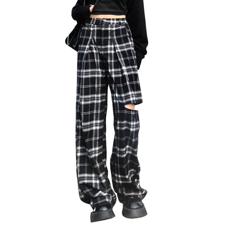 RETRO RIPPED PLAID HIGH WAIST WIDE LEG STRAIGHT PANTS