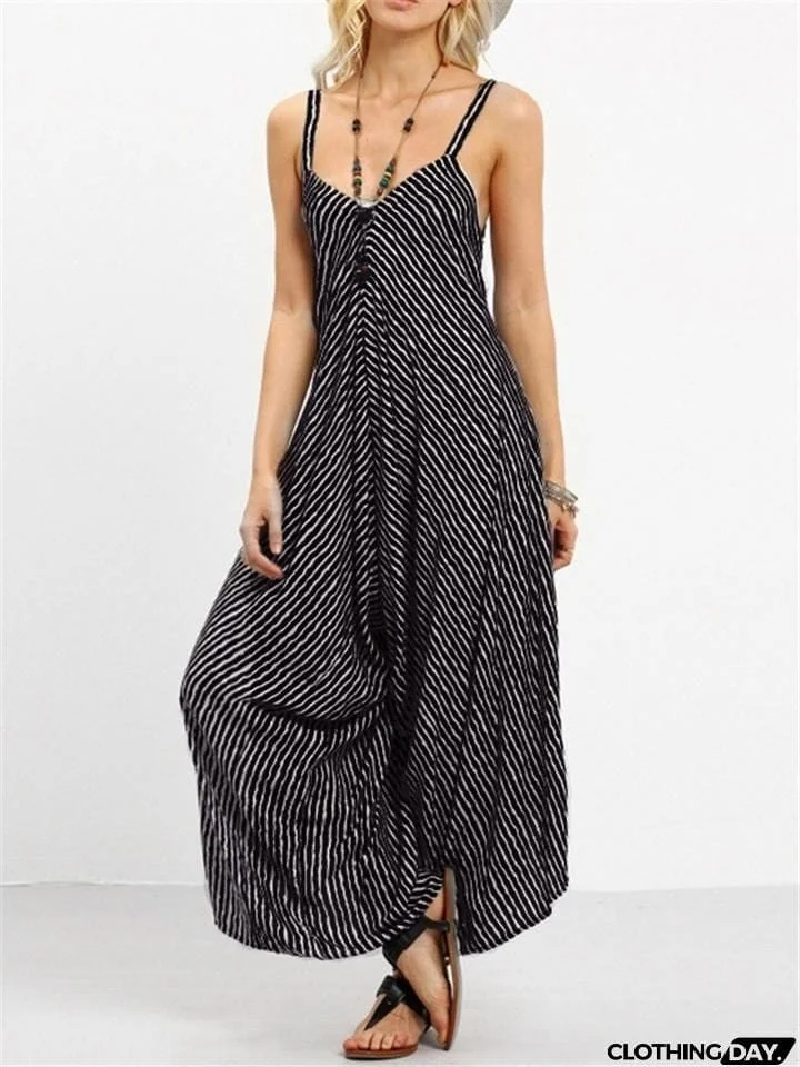 Oversized V Neck Sleeveless Striped Strappy Wide-Leg Jumpsuit