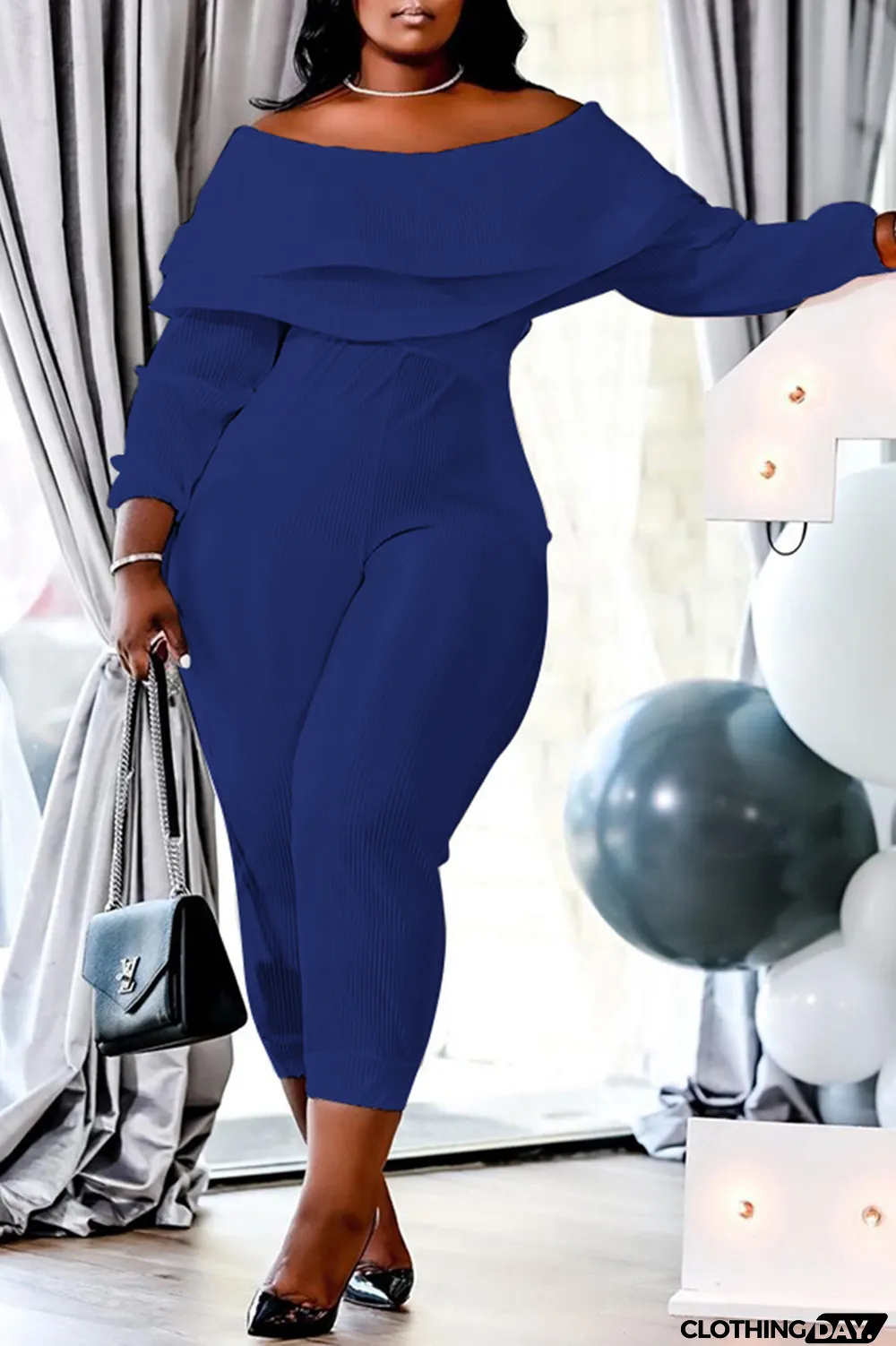 Purple Casual Solid Patchwork Off the Shoulder Plus Size Jumpsuits