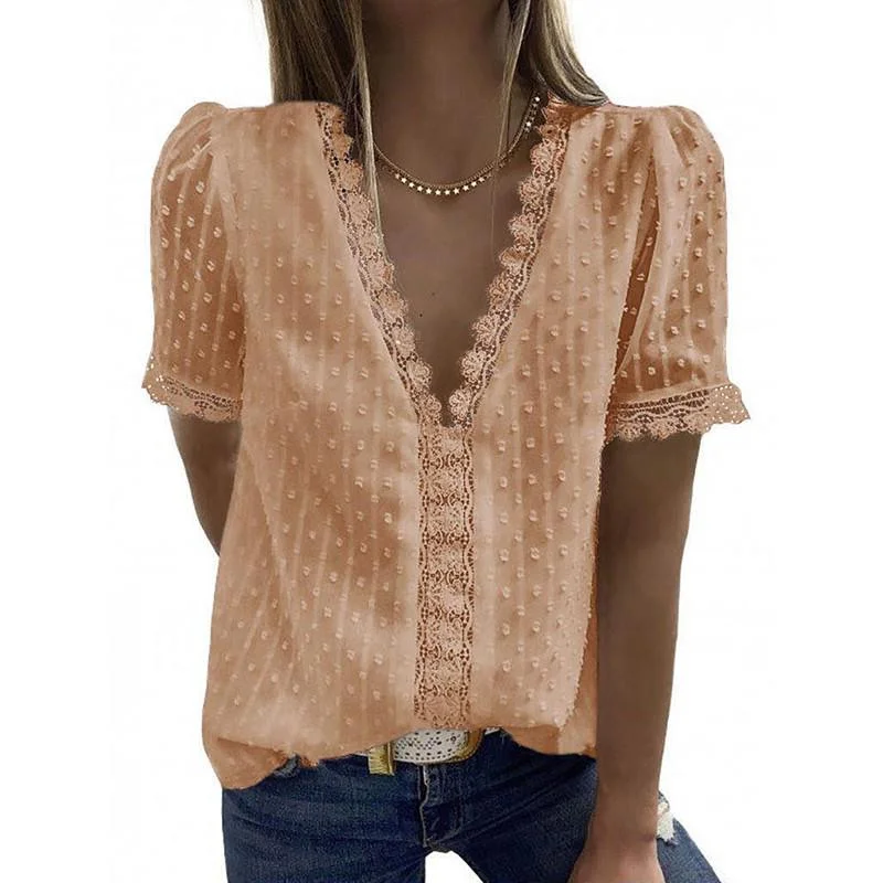 Summer Short Sleeve Womens Tops And Blouses Fashion V Neck Elegant Casual Chic Shirts Ladies Solid Lace Chiffon Blouse Plus Size