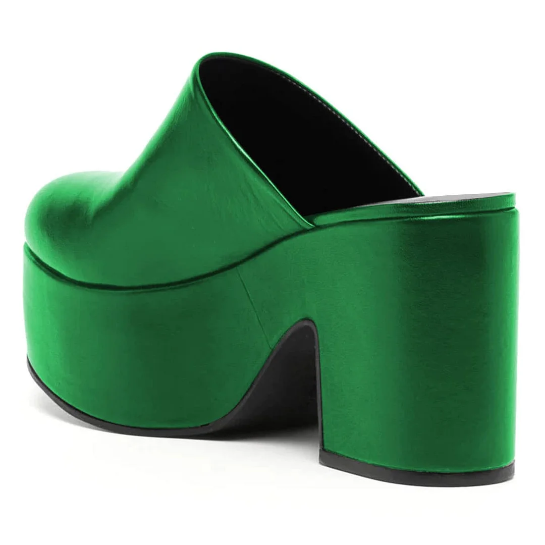 Simple Round Toe Block Heel Platform Mules Shoes in Green