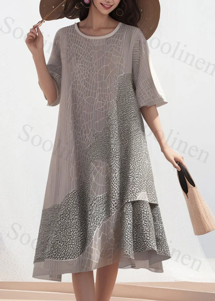 Plus Size Grey Asymmetrical Print Silk Dress Summer