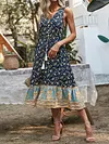 V-Neck Sleeveless Floral Print Split-Front Loose Midi Dress
