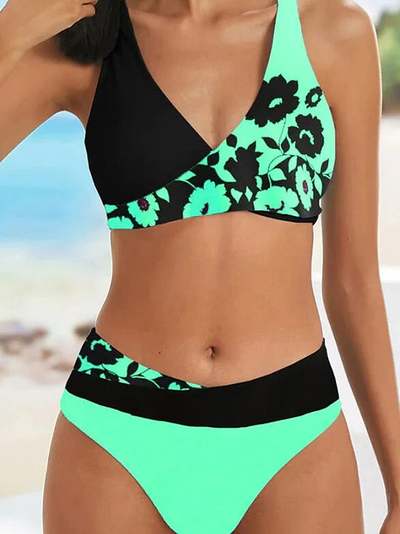 Women Swimwear Floral Color Block Print Bikini Sets