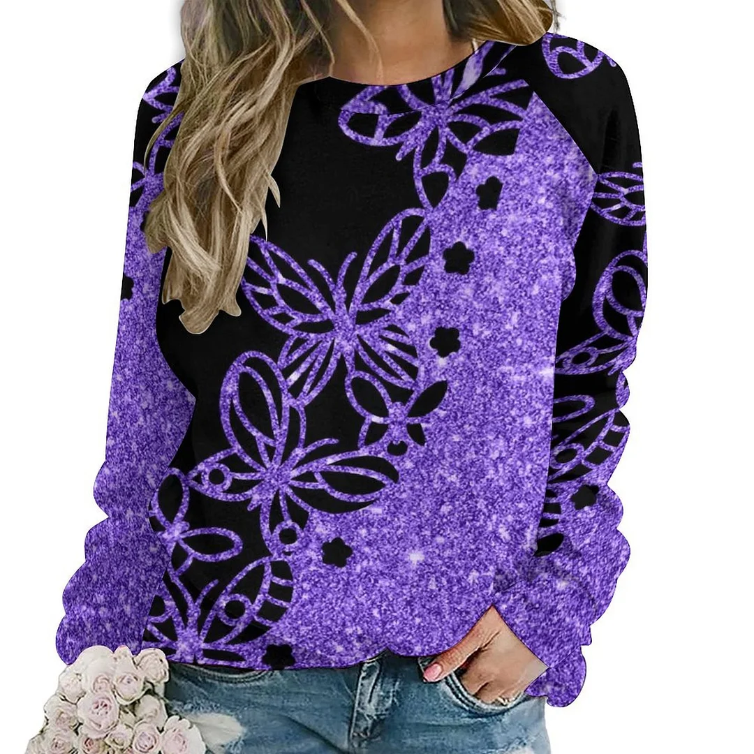 Printed Long Sleeve Casual Sweatshirt for  Women and Men Unisex Pattern Purple, Butterfly, Glitter