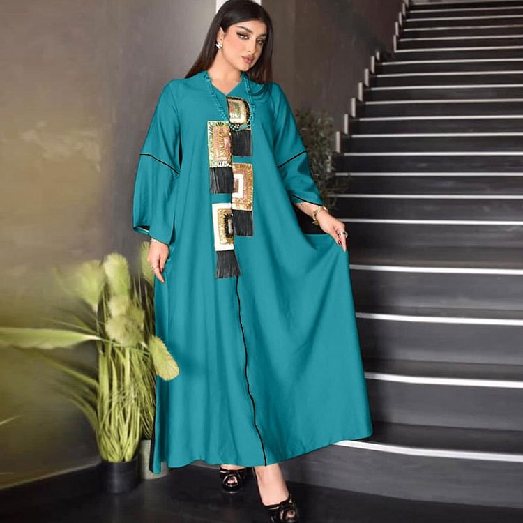African Americans fashion QFY Women Abaya Dubai Turkey Muslim Tassel Sequin Dress Vetements Loose Boubou Black Yellow Gowns Pakistani Islamic Clothing Robe Ankara Style QueenFunky