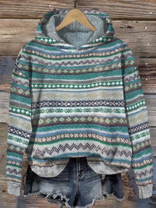 Vintage Fairman Island Pattern Contrast Jacquard Hooded Sweater