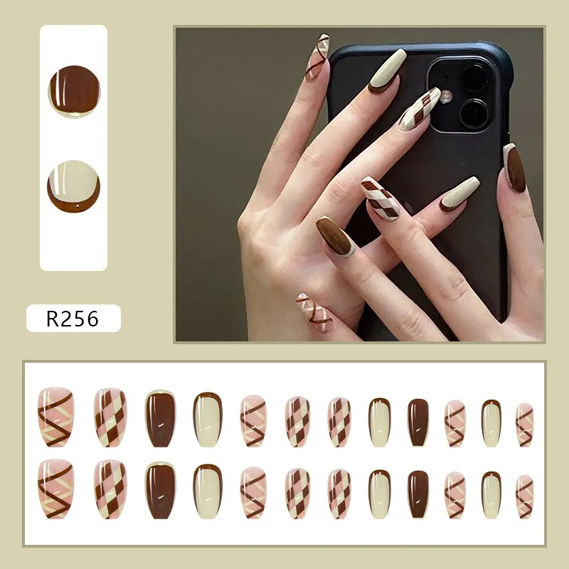 24pcs Glitter Detachable False Nails French Rhombus Fake Nails Full Cover Nail Tips fake nail with design Manicure Tool