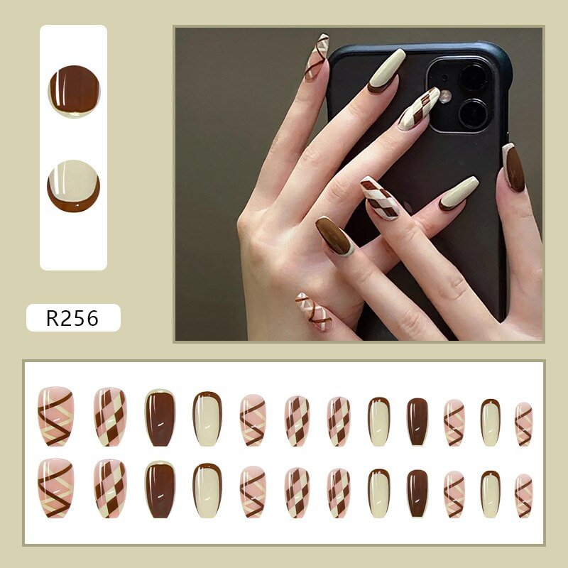 24PCS Plaid Nail Patch French Style Glue Type Removable Long Paragraph Manicure Save Time False Nail Patch SANA889