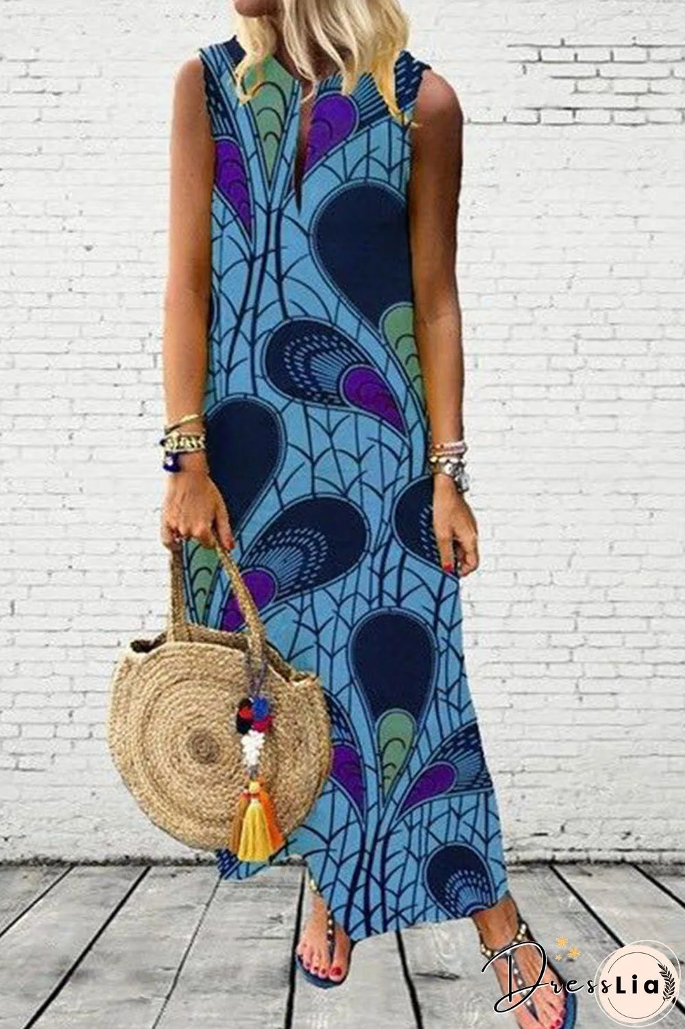 Printed Scoop Sleeveless Maxi Dress