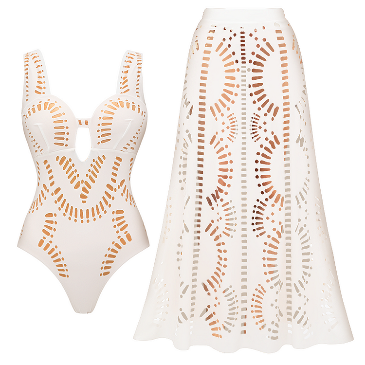 White Hollow Out One Piece Swimsuit and Skirt