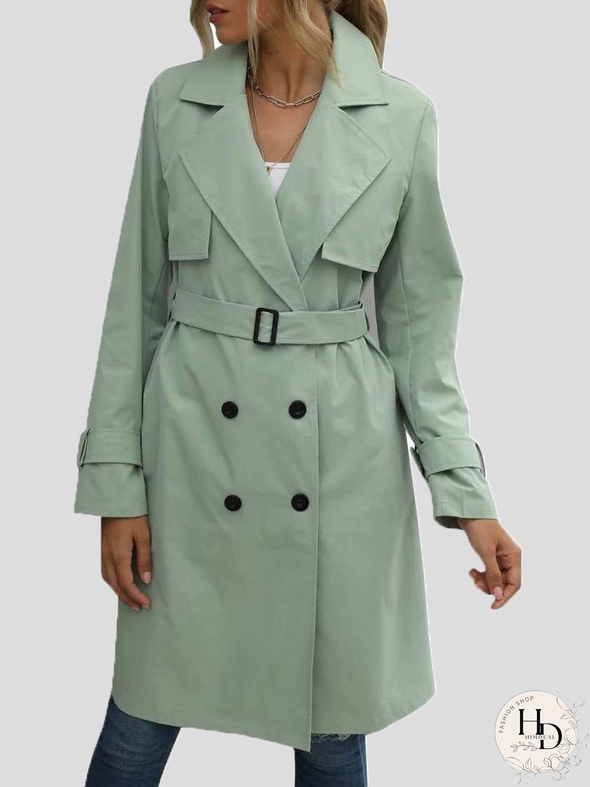 Coats Lapel Button Belt Long Trench Coat for Women
