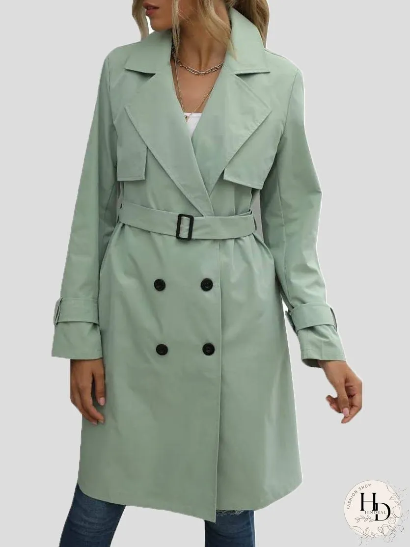 Coats Lapel Button Belt Long Trench Coat for Women