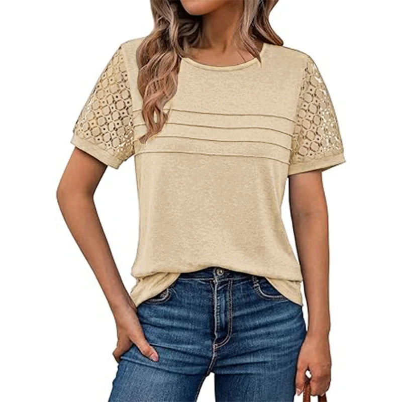 Athvotar Athvotar Summer New Women's Casual Loose Round-Neck Lady T-Shirt Solid Color Lace Splicing