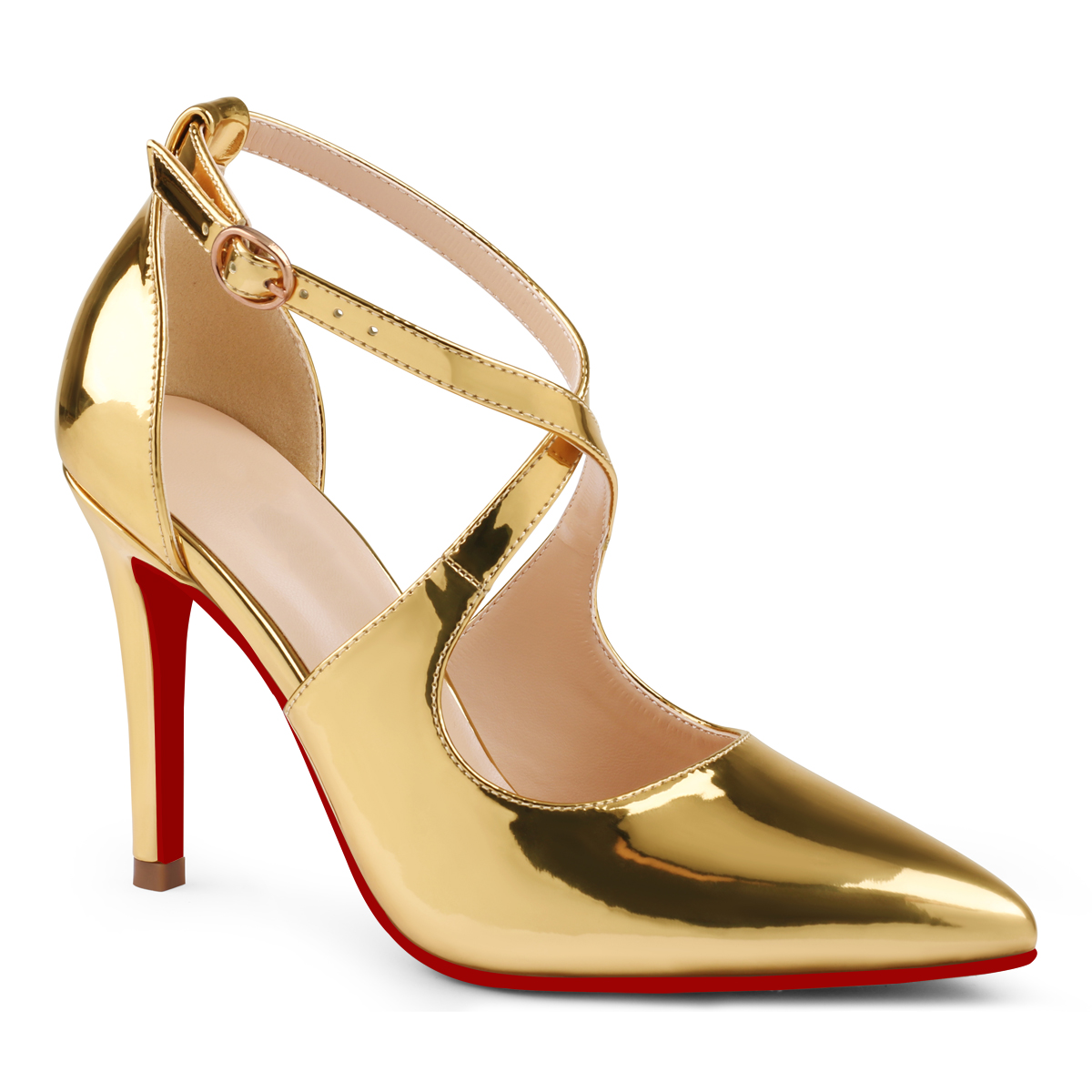 95mm Women's Pointed Toe Cross Strap Heels Ankle Strap Sandals Red Bottoms Pumps Shoes-MERUMOTE