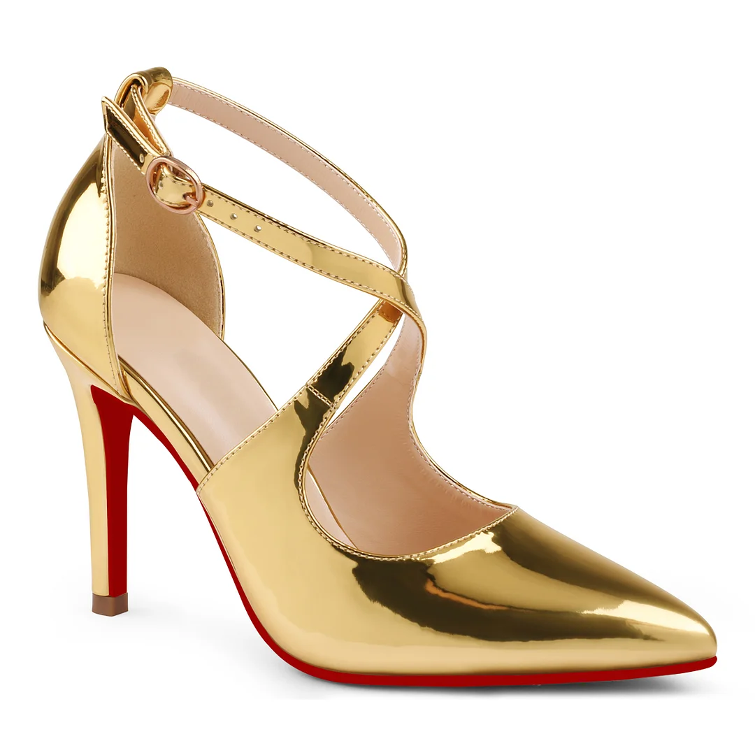 95mm Women's Pointed Toe Cross Strap Heels Ankle Strap Sandals Red Bottoms Pumps Shoes-MERUMOTE