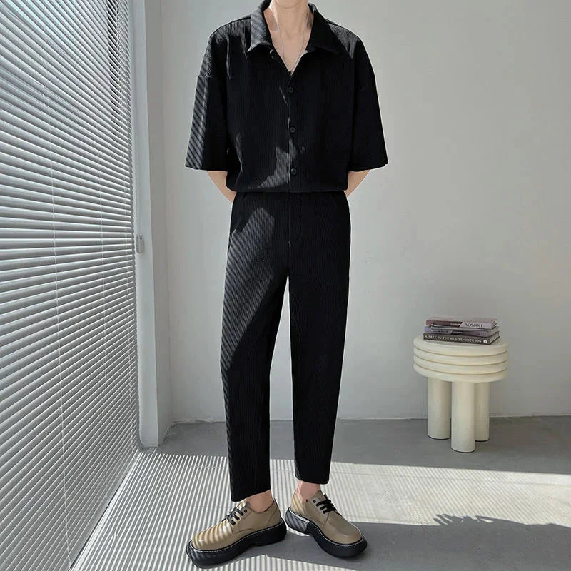 Abebey-Summer Pleated Sets Men Fashion Black/White Casual Ice Silk Suit Men Korean Short-sleeved Shirt/Trousers Two-piece Mens Set