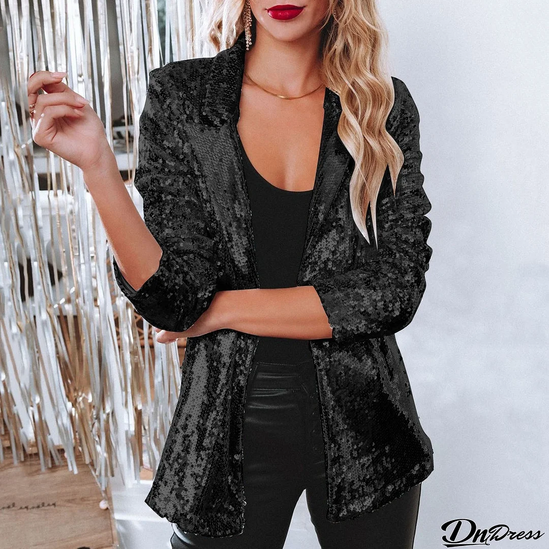 Turndown Collar long-sleeved sequined Casual blazer for women
