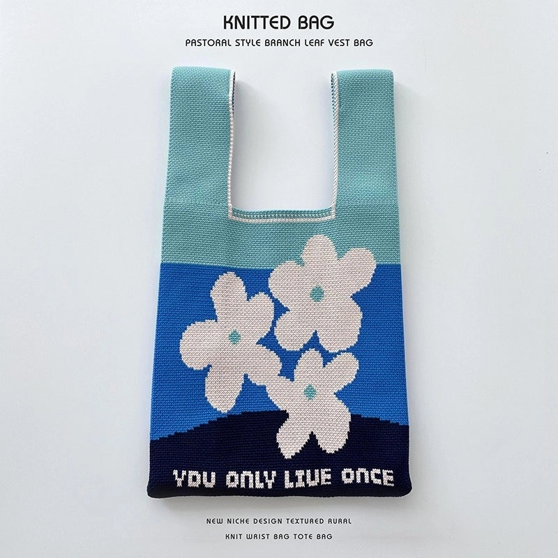 Women’s Medium Knit Letter Flower Cute Vintage Style Square Open Handbag