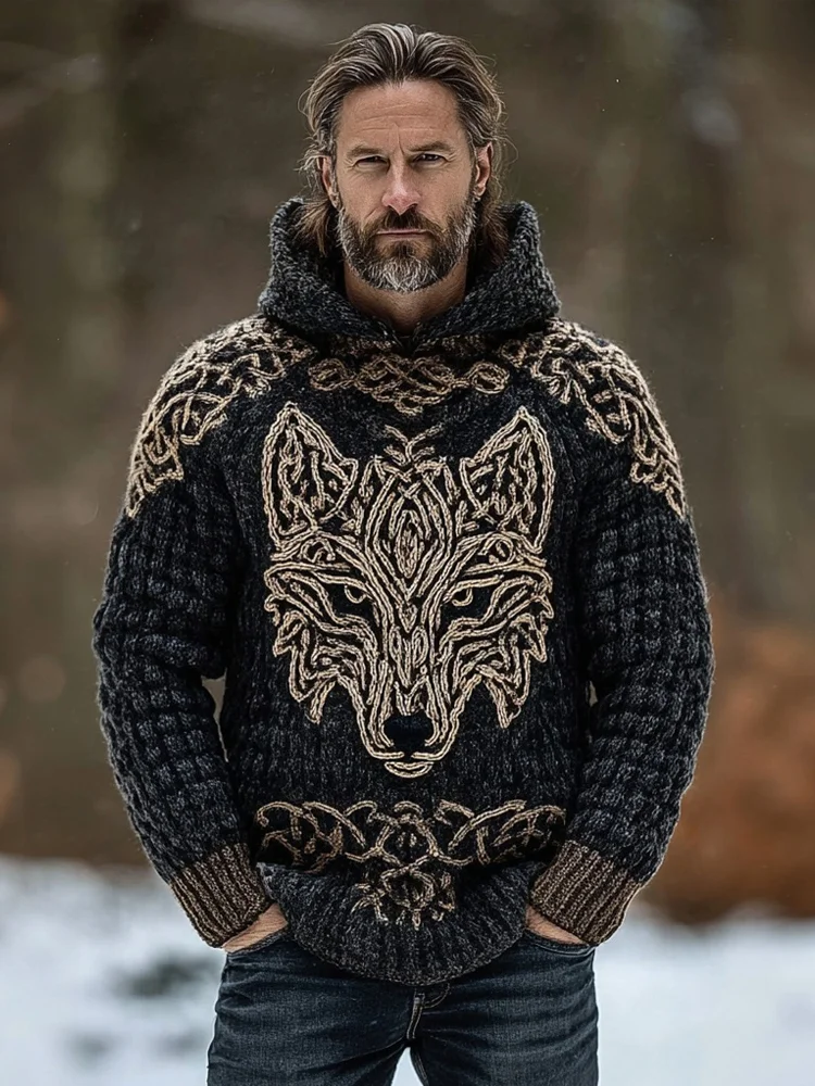 Men's Viking Wolf Celtic Hooded Cozy Chunky Sweater