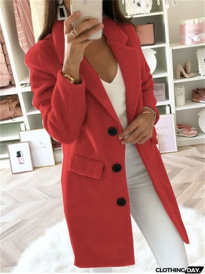 Women's Elegant Lapel Collar Button Up Slim Fit Winter Long Coats