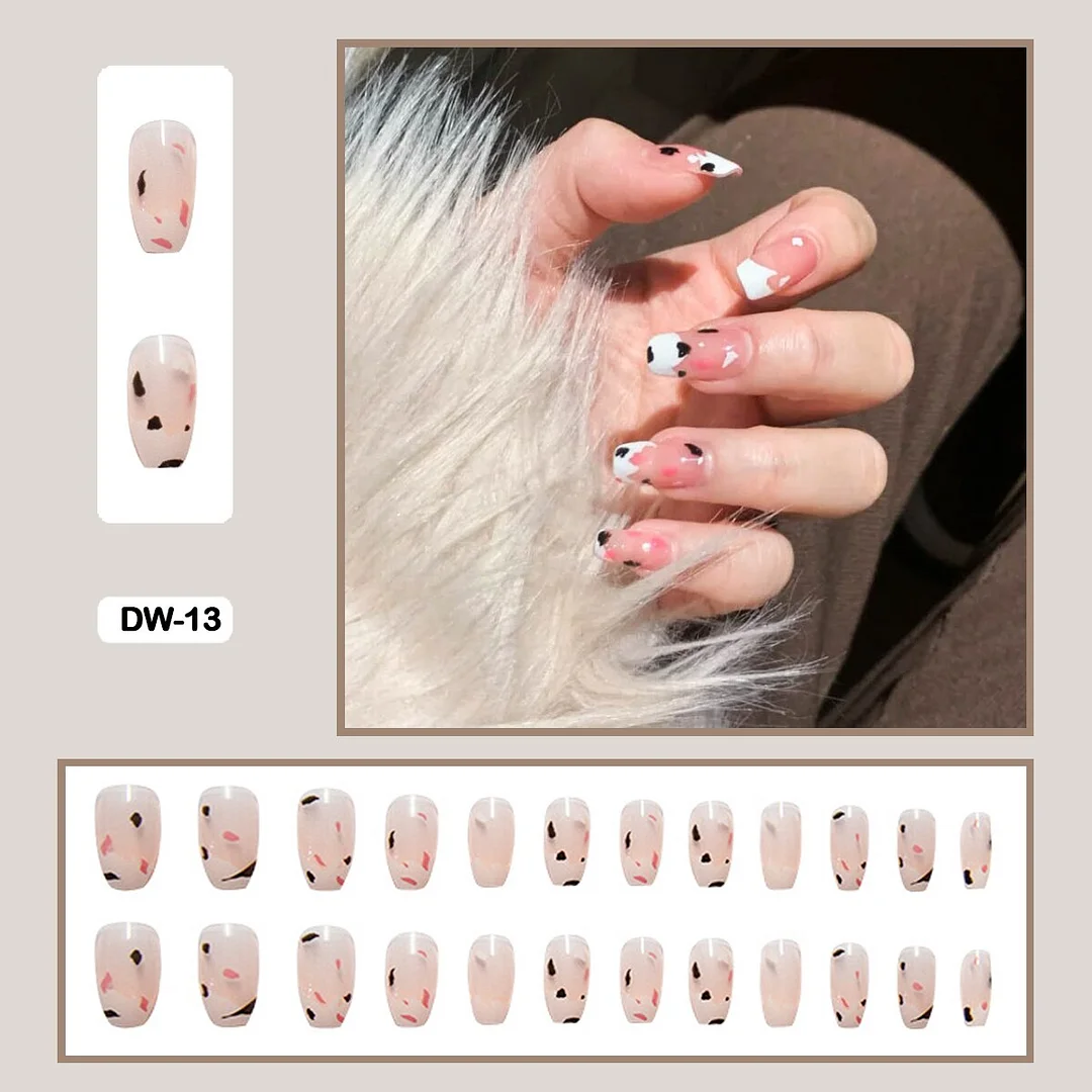 24Pcs Personality Painted Animal Pattern Cow Pattern Leopard Printed Wearable False Nails Fake Nails With Glue And Wearing Tools-Nail Inspo