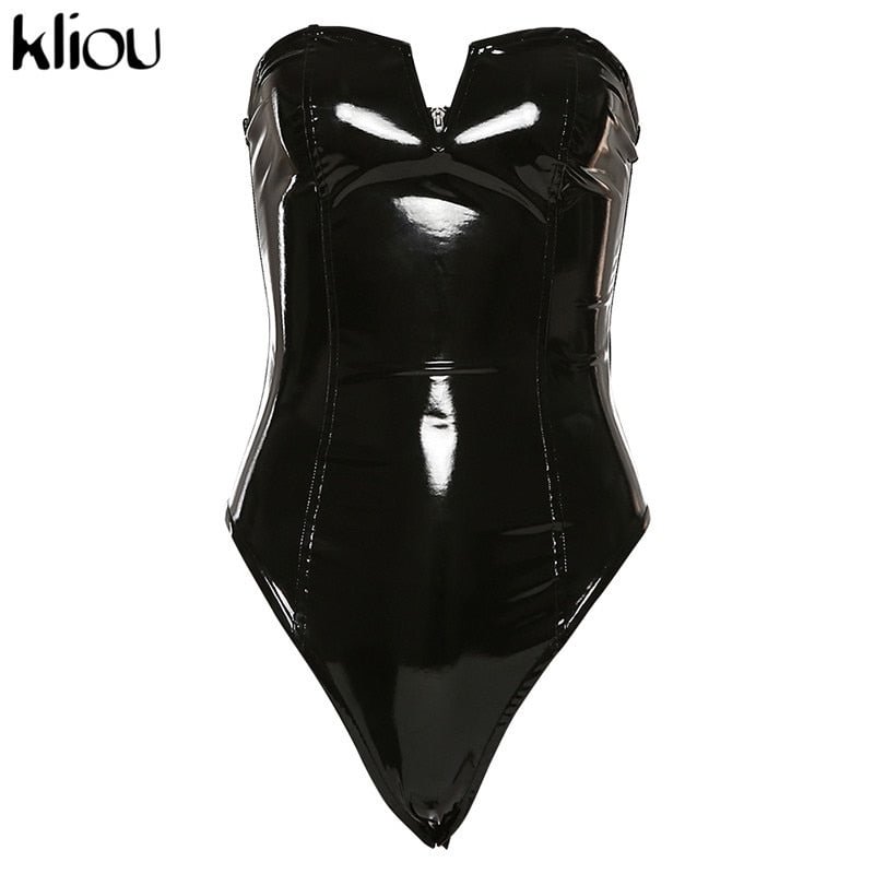 kliou  Black PU Leather Strapless backless sexy Bodysuit Women Tops faux fashion streets jumpsuit Black Casual Body Mujer Femme