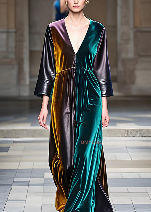 VCSHOES Colorblock V Neck Patchwork Velvet Dresses Long Sleeve
