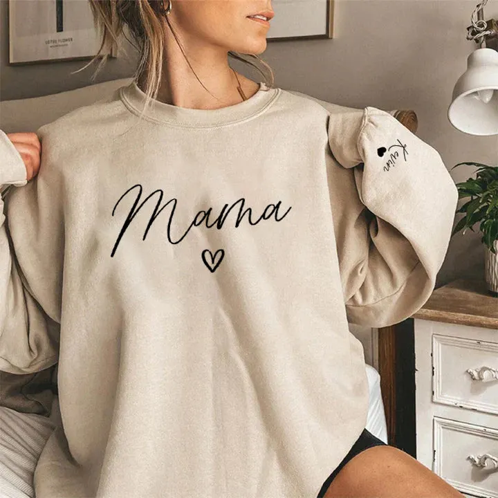 Mama Heart Pattern Sweatshirt, with Children's Names on the Sleeve, Custom Mother's Day Sweatshirt,